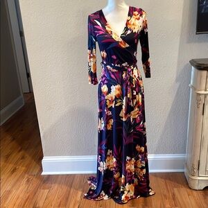 Blue and Orange 3/4 Sleeve Wrap Dress for Wedding Guest